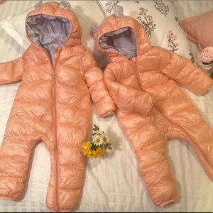 Baby Girls Winter Romper, Bear Ears Hooded, Warm Snowsuit, Puffer Down 3T (x2)